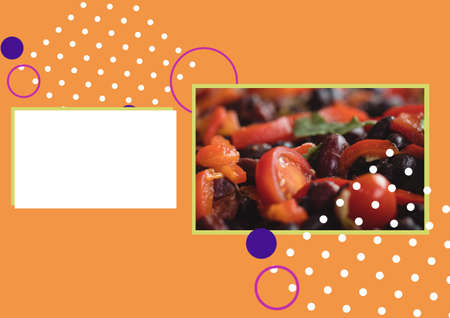 Illustration with photo of tomato salad with blank white rectangle and elements on orange...