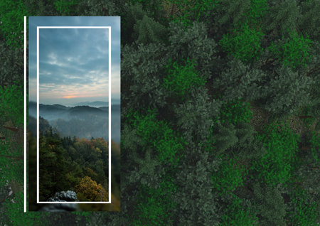 Illustration with mountain landscape photo over forest in background. copy space, holiday and travel concept digitally generated image.の写真素材