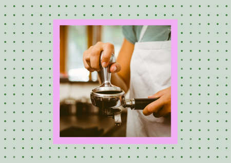 Illustration with barista preparing coffee in pink frame on green background with dots. food and drink concept digitally generated image.の写真素材