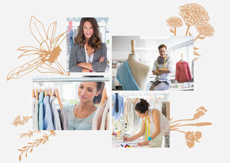 Composition of four photos of fashion designers with beige plant drawings on white background....