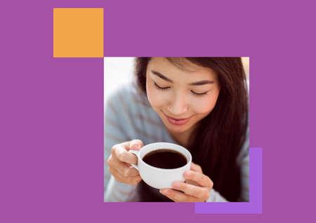 Illustration with photo of woman having coffee with orange square and purple background. copy space, food and drink concept digitally generated image.の写真素材