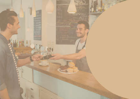 Illustration with man paying with credit card in coffee shop, blank circle on right. copy space,...