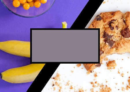 Illustration with cookie, banana and tomatoes, blank rectangle in middle. copy space, food and drink concept digitally generated image.の写真素材