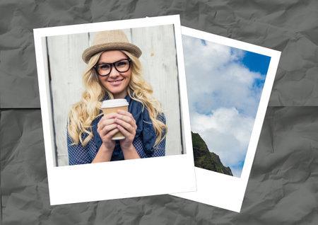 Composition of two photos with woman drinking coffee and mountains on grey crumpled paper. lifestyle and travel concept digitally generated image.の写真素材