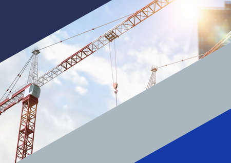 Composition of photo with crane on building site with copy space on blue and grey stripes. building...