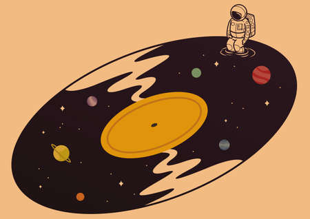 Illustration of astronaut on vinyl record with copy space on orange background. space travel writing...