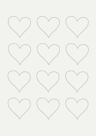 Illustration of four rows of black outlined hearts with copy space on light grey background....