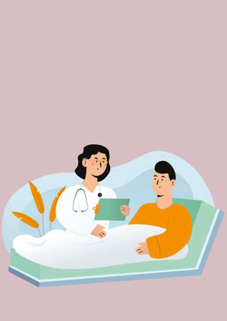 Illustration of female doctor consulting male patient on beige background. medicine and healthcare concept concept digitally generated image.の写真素材