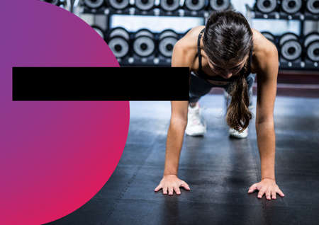 Composition of woman at gym doing push ups with pink circle and black rectangle. fitness gym presentation design concept with copy space, digitally generated image.の写真素材