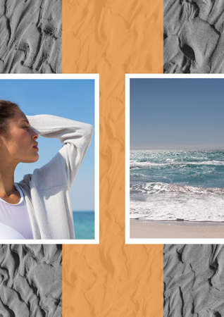 Composition of profile of caucasian woman at seaside with sea image and images of sand in background. seaside holiday and beach leisure concept, digitally generated image.の写真素材
