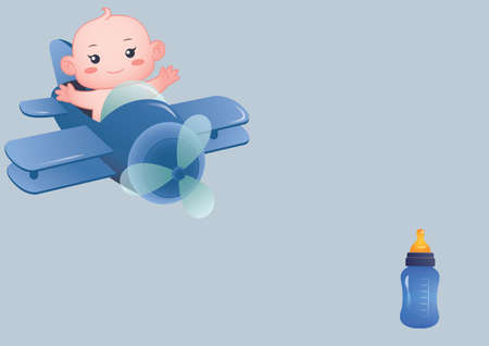 Illustration of smiling cartoon baby in aeroplane flying towards bottle on pale blue background. baby feeding concept, digitally generated image.の写真素材