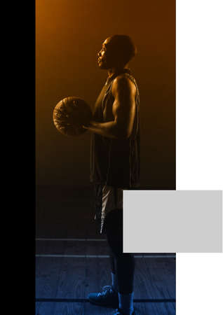 Composition of african american male basketball player with grey rectangle of copyspace. sports design concept with copy space, digitally generated image.の写真素材