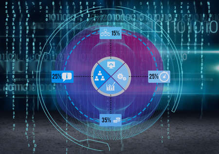 Computer interface with statistical data processing and binary coding against grey background....
