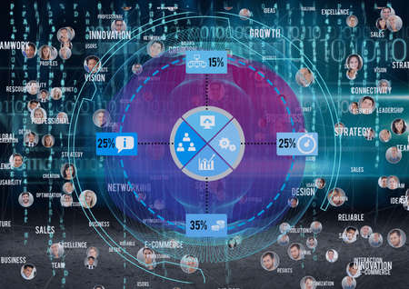 Network of profile icons against binary coding data processing on blue background. social media...