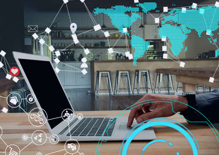 Network of digital icons and world map against person using laptop. global networking and business...