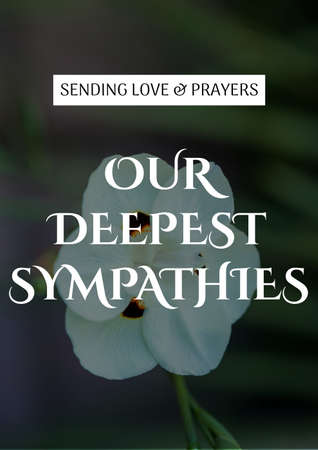 Sending love and prayers our deepest sympathies text with white flower in background. condolences and support concept digitally generated image.の写真素材