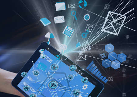 Network of digital icons over hand holding digital tablet against grey background. global networking...