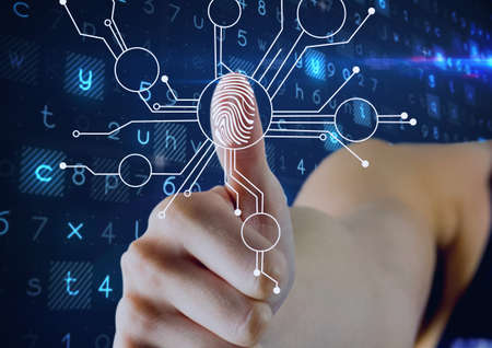 Human thumb over biometric scanner against cyber security data processing on blue background. cyber...