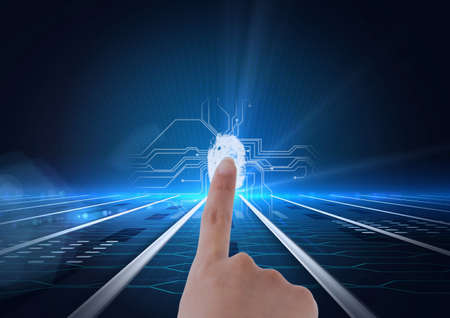 Human finger scanning over biometric scanner against microprocessor connections on blue background....
