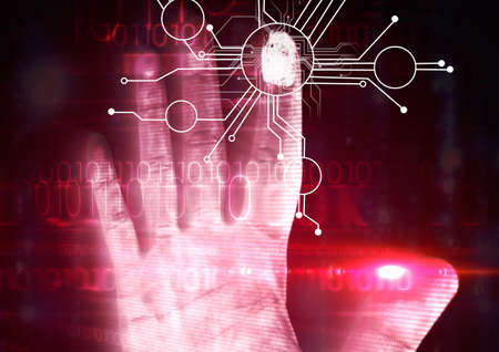 Human finger scanning over biometric scanner against binary coding data processing. cyber security...