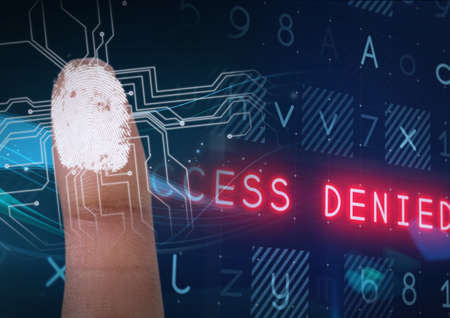 Human finger scanning over biometric scanner against cyber security data processing. cyber security...