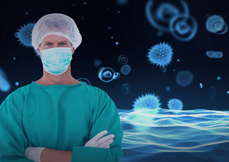 Portrait of male surgeon wearing face mask against covid-19 cells and blood vessels. coronavirus...
