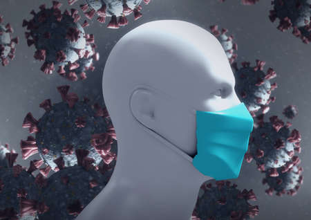 Human head model wearing face mask against multiple covid-19 cells on grey background. coronavirus...