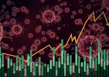 Composition of covid 19 cells with statistics, yellow line and data processing. global coronavirus pandemic and health concept digitally generated image.の写真素材