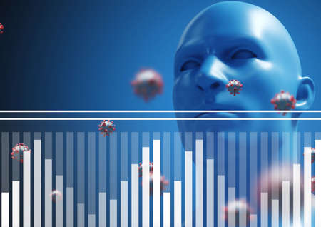 Composition of covid 19 cells with human head model and statistics recording. global coronavirus pandemic and health concept digitally generated image.の写真素材