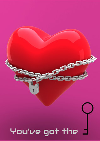 Digitally generated image of lock and chain around red heart against pink backgorund. valentine card template design conceptの写真素材