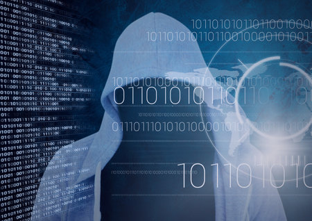 Composition of binary coding and data processing over hacker in balaclava. online cyber security...
