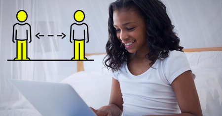 Illustration of two people silhouettes maintaining distance over smiling girl using laptop. covid 19...