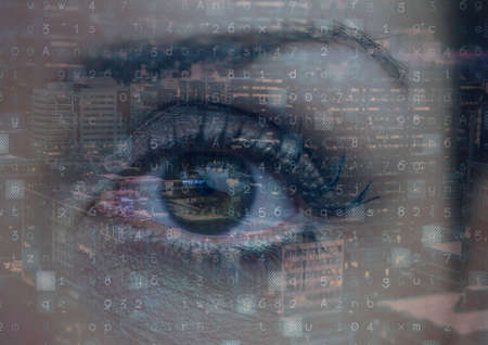 Digital composite image of data processing against close up of female human eye. cyber security and...