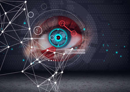 Round scanner and network of connections against close up of female human eye. cyber security and...