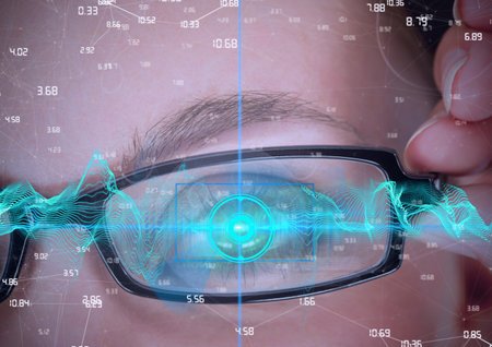 Digital waves and network of connections against close up of female human eye. cyber security and...