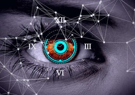 Round scanner and network of connections against close up of female human eye. cyber security and digital interface technology conceptの写真素材
