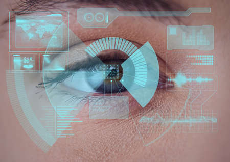 Digital interface with data processing against close up of female human eye. cyber security and...