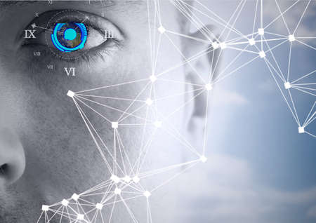 Round scanner and network of connections against close up of male human eye. cyber security and digital interface technology conceptの写真素材