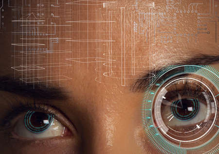 Round scanner and microprocessor connections against close up of female human eye. cyber security...