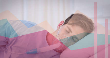 Statistical data processing against male patient wearing operation mask in hospital bed. global...
