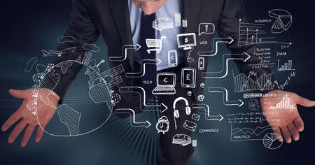 Composition of network of digital icons with globe over businessman. global technology and digital...