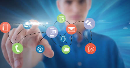 Composition of businesswoman touching network of digital icons. global technology and digital...