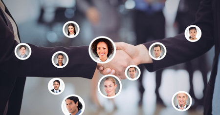 Composition of businesswomen shaking hands with network of people&#39;s photographs. global finance, business and connection concept digitally generated image.の写真素材