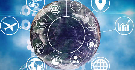 Composition of network of connections and financial data processing over globe on blue. global technology, business, connection, communication and networking concept digitally generated image.の写真素材