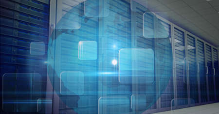 Composition of network of digital screens over globe and computer servers on blue background. global...