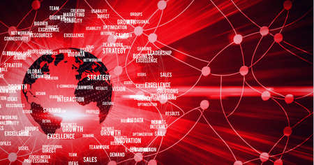 Composition of network of connections with business text over globe on red background. global technology, business, connection, communication and networking concept digitally generated image.の写真素材