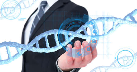Dna structure and digital interface over mid section of business man with cupped hand. global business and medical research technology conceptの写真素材
