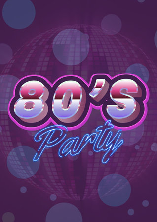 80&#39;s party written in shiny numbers and blue letters on invite with purple background. celebration invitation template design with copy space, digitally generated image. onの写真素材
