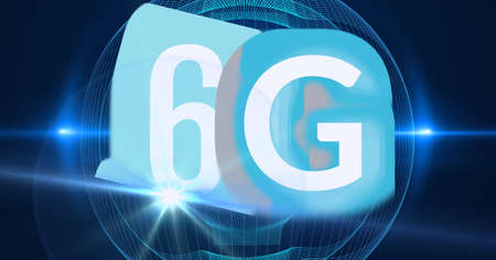 Composition of the word 6g over a blue ball with a grid in background. global technology, digital...