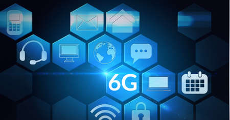 Composition of the word 6g with technological icons in blue hexagons. global technology, digital...